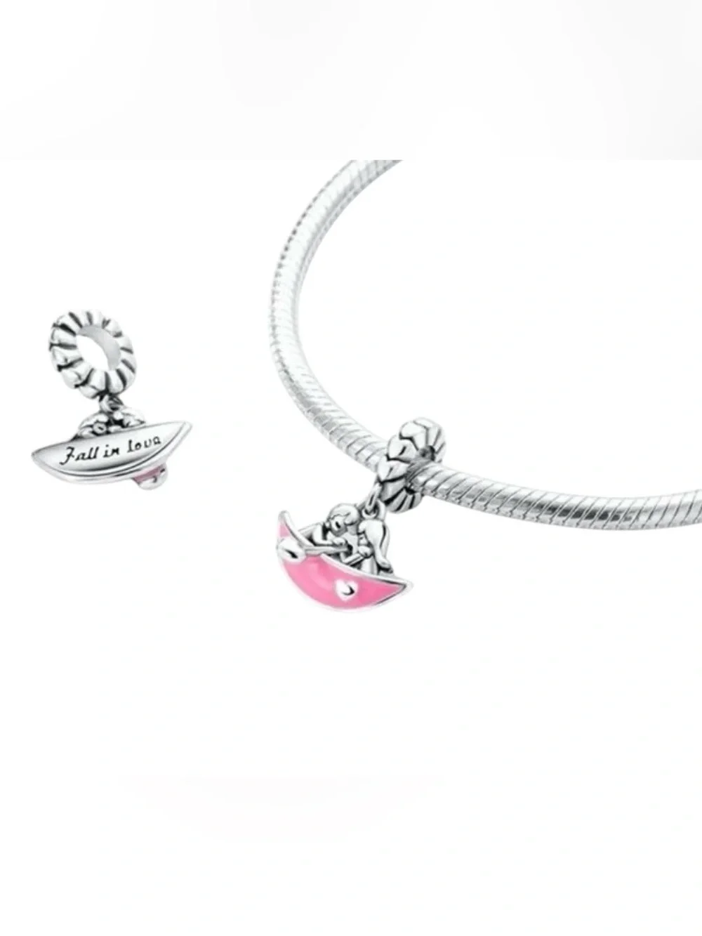 Sterling Silver “Fall in Love”Pink Boat Dangle Charm